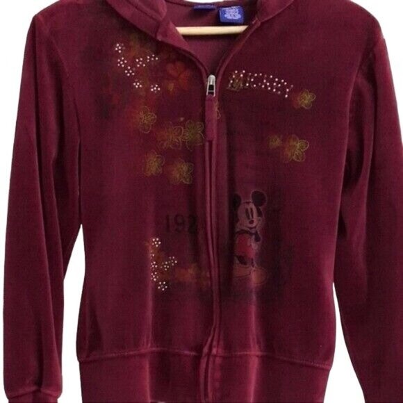 2/$15 Disney Mickey Mouse Velour Hoodie Red Size Small Red Ribbed Zip Sweatshirt - Picture 2 of 7